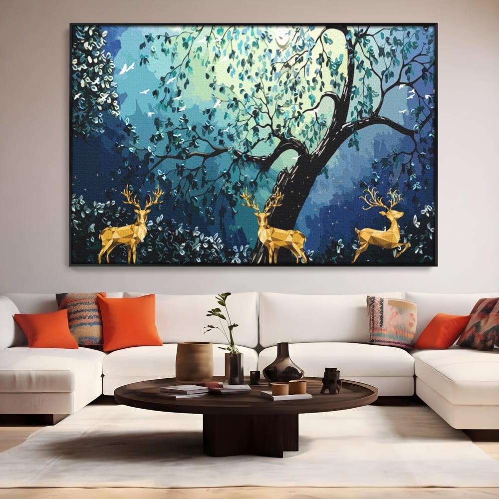 Tablou canvas cu tablou canvas cu cerbi aurii si padure nocturna, in rama de aluminiu negru, pe perete intr-un living