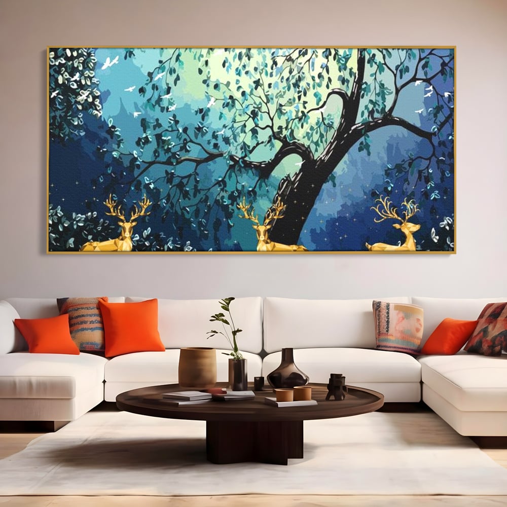 Tablou canvas cu tablou canvas cu cerbi aurii si padure nocturna, in rama de aluminiu auriu, pe perete intr-un living