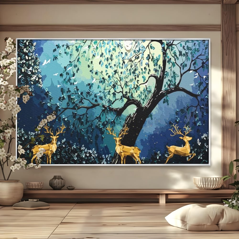 Tablou canvas cu tablou canvas cu cerbi aurii si padure nocturna, in rama de aluminiu argintiu