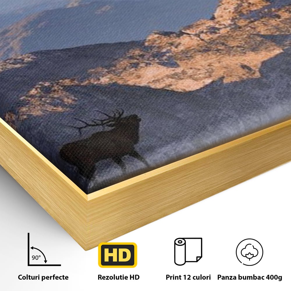 Detaliu al suprafetei: tablou canvas cu elan si munti, in rama de aluminiu auriu