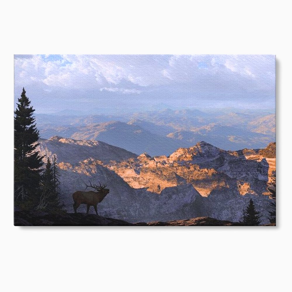 Tablou canvas cu tablou canvas cu elan si munti, fara rama, pe sasiu de lemn