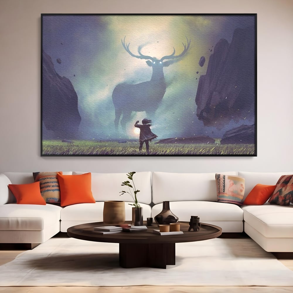 Tablou canvas cu tablou canvas cu cerb urias si copil, in rama de aluminiu negru, pe perete intr-un living