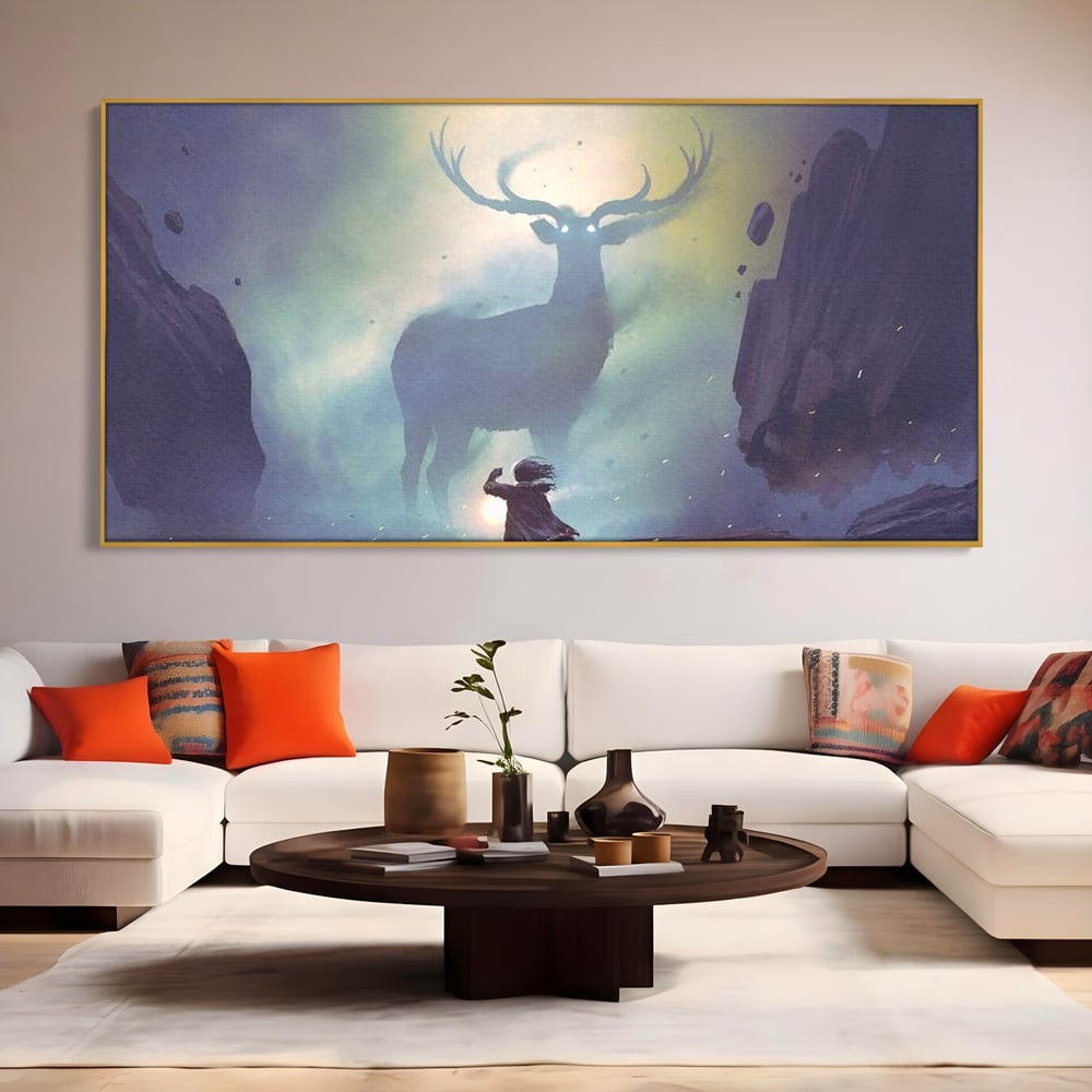 Tablou canvas cu tablou canvas cu cerb urias si copil, in rama de aluminiu auriu, pe perete intr-un living