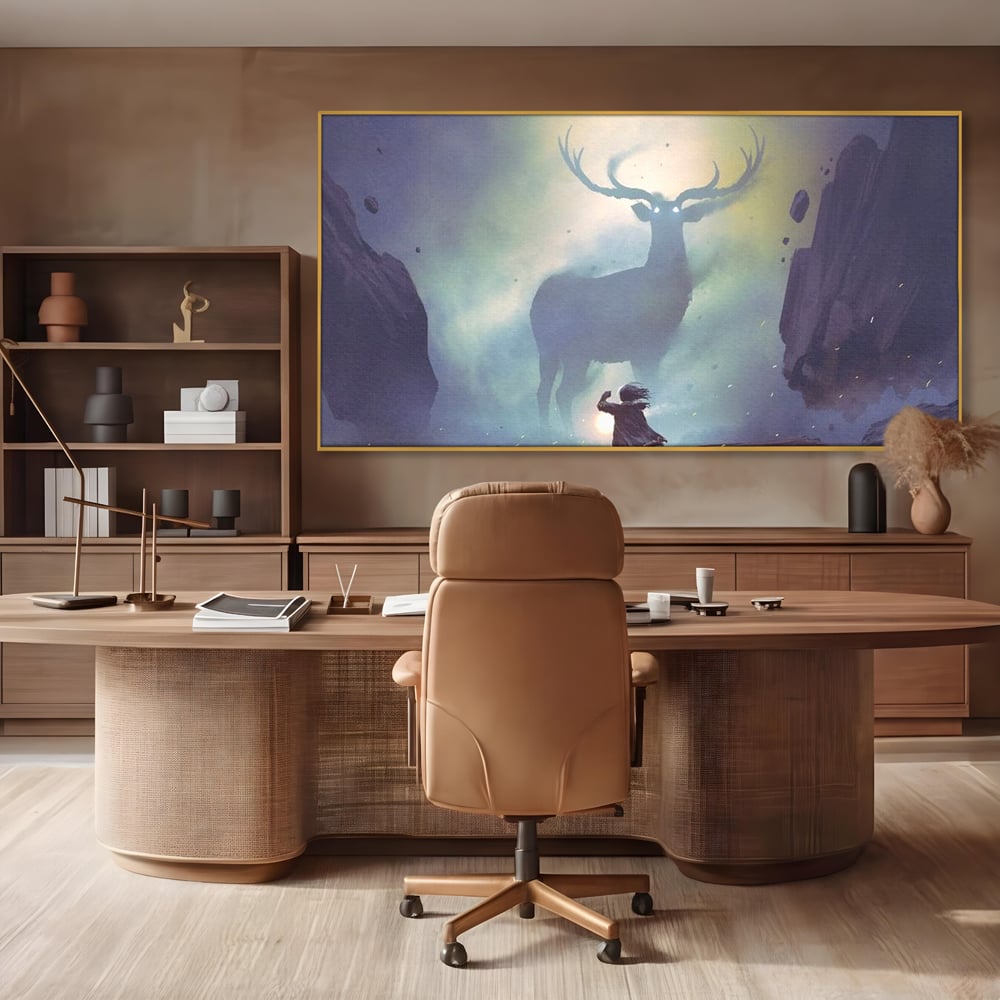 Tablou canvas cu tablou canvas cu cerb urias si copil, in rama de aluminiu auriu, pe perete intr-un birou