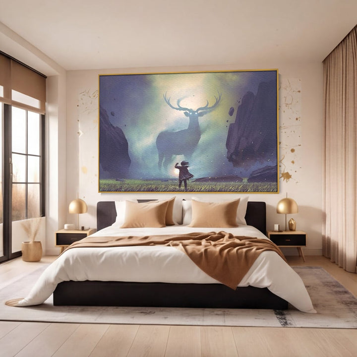 Tablou canvas cu tablou canvas cu cerb urias si copil, in rama de aluminiu auriu, pe perete intr-un dormitor