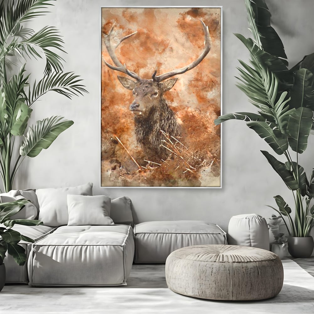 Tablou canvas cu tablou canvas cu cerb in padure, in rama de aluminiu argintiu, pe perete intr-un living
