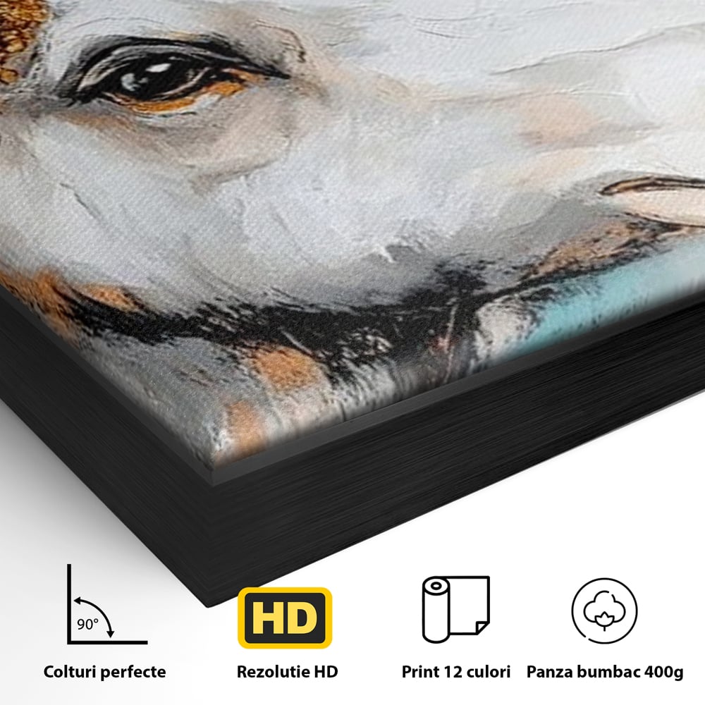 Detaliu al suprafetei: tablou canvas cu cap de elan pictat, in rama de aluminiu negru