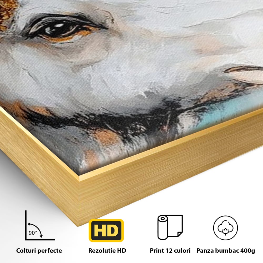 Detaliu al suprafetei: tablou canvas cu cap de elan pictat, in rama de aluminiu auriu