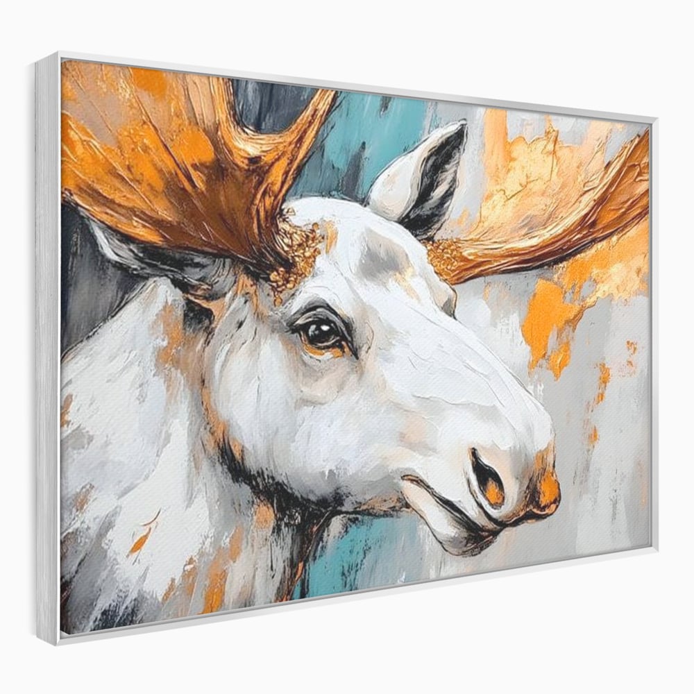 Tablou canvas cu tablou canvas cu cap de elan pictat, in rama de aluminiu argintiu