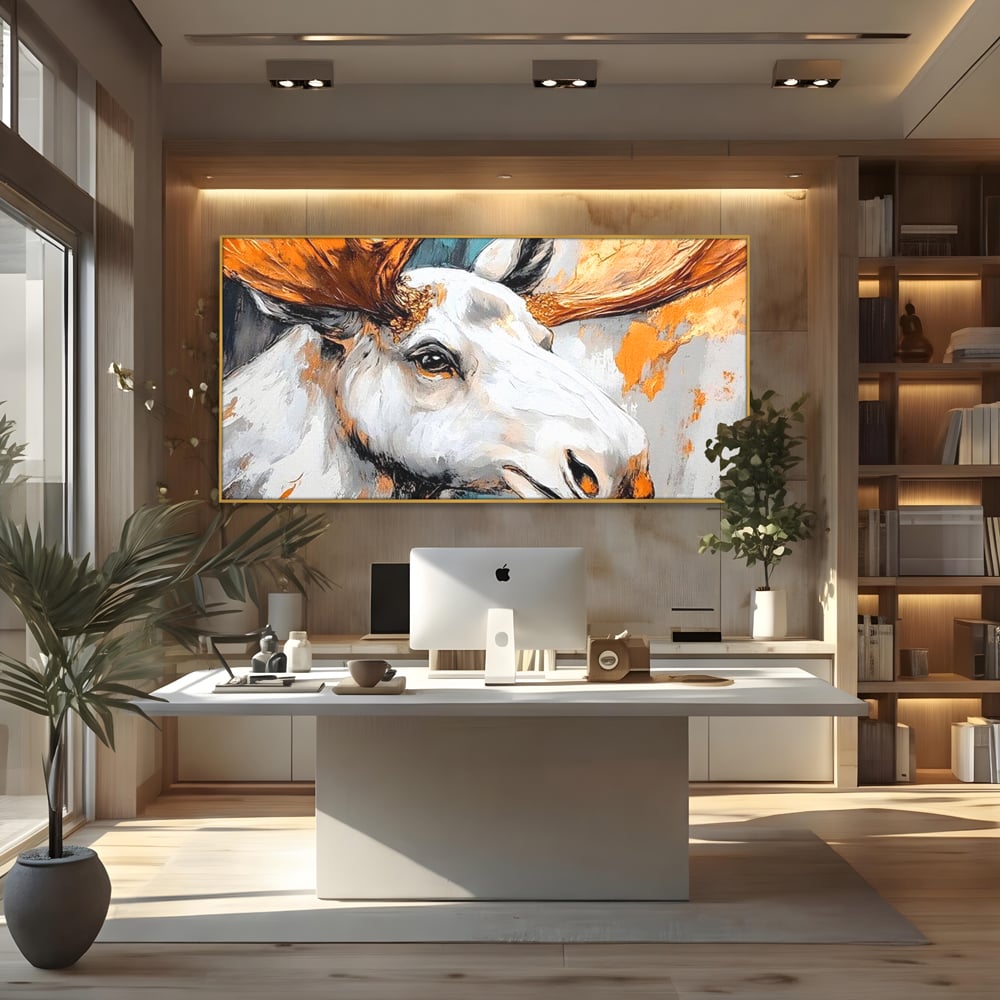 Tablou canvas cu tablou canvas cu cap de elan pictat, in rama de aluminiu auriu, pe perete intr-un birou