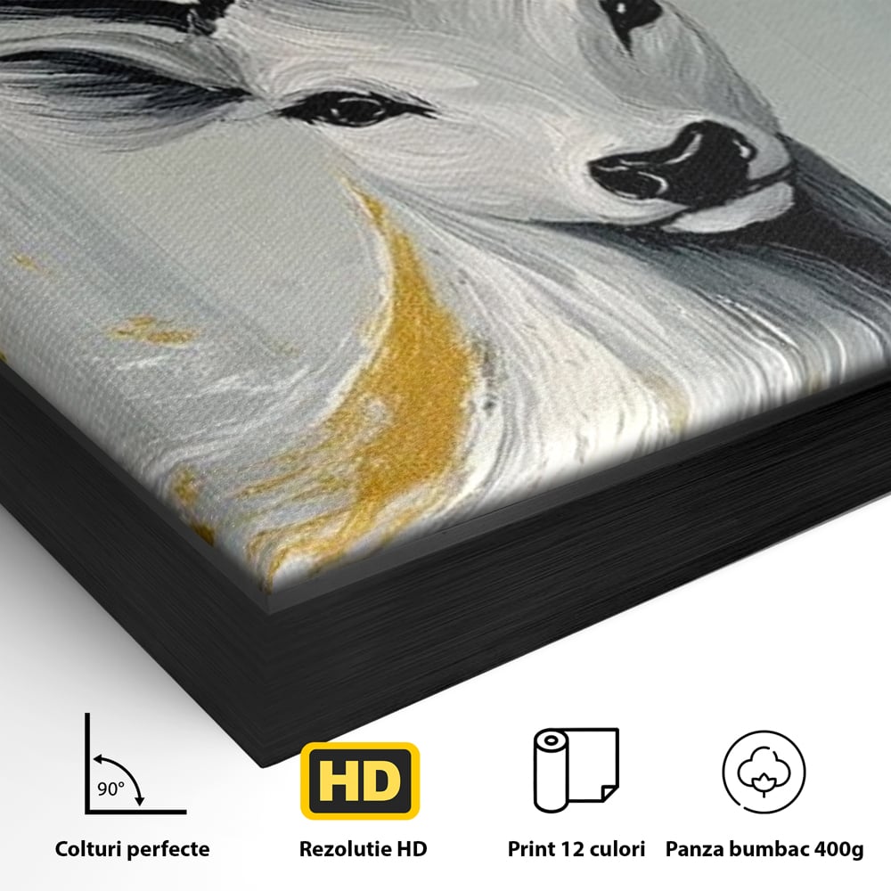 Detaliu al suprafetei: pictura cu portret de cerb si detalii aurii, in rama de aluminiu negru