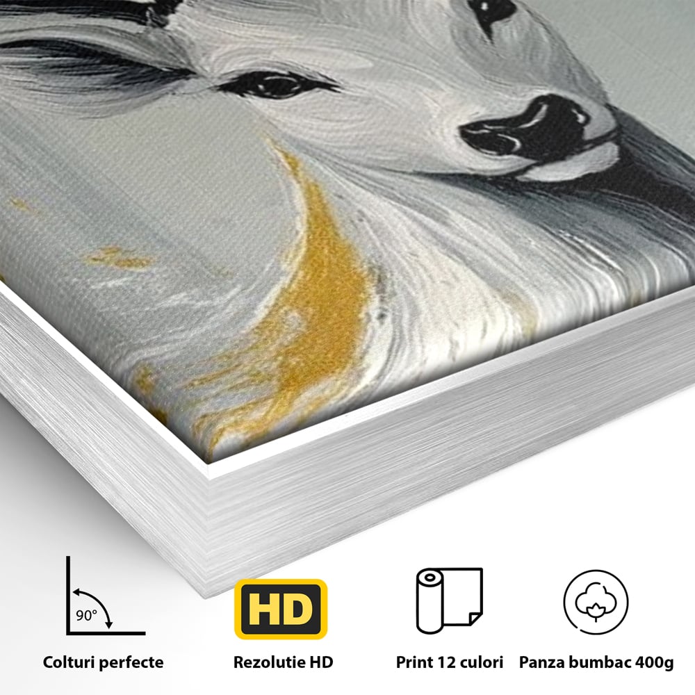 Detaliu al suprafetei: pictura cu portret de cerb si detalii aurii, in rama de aluminiu argintiu