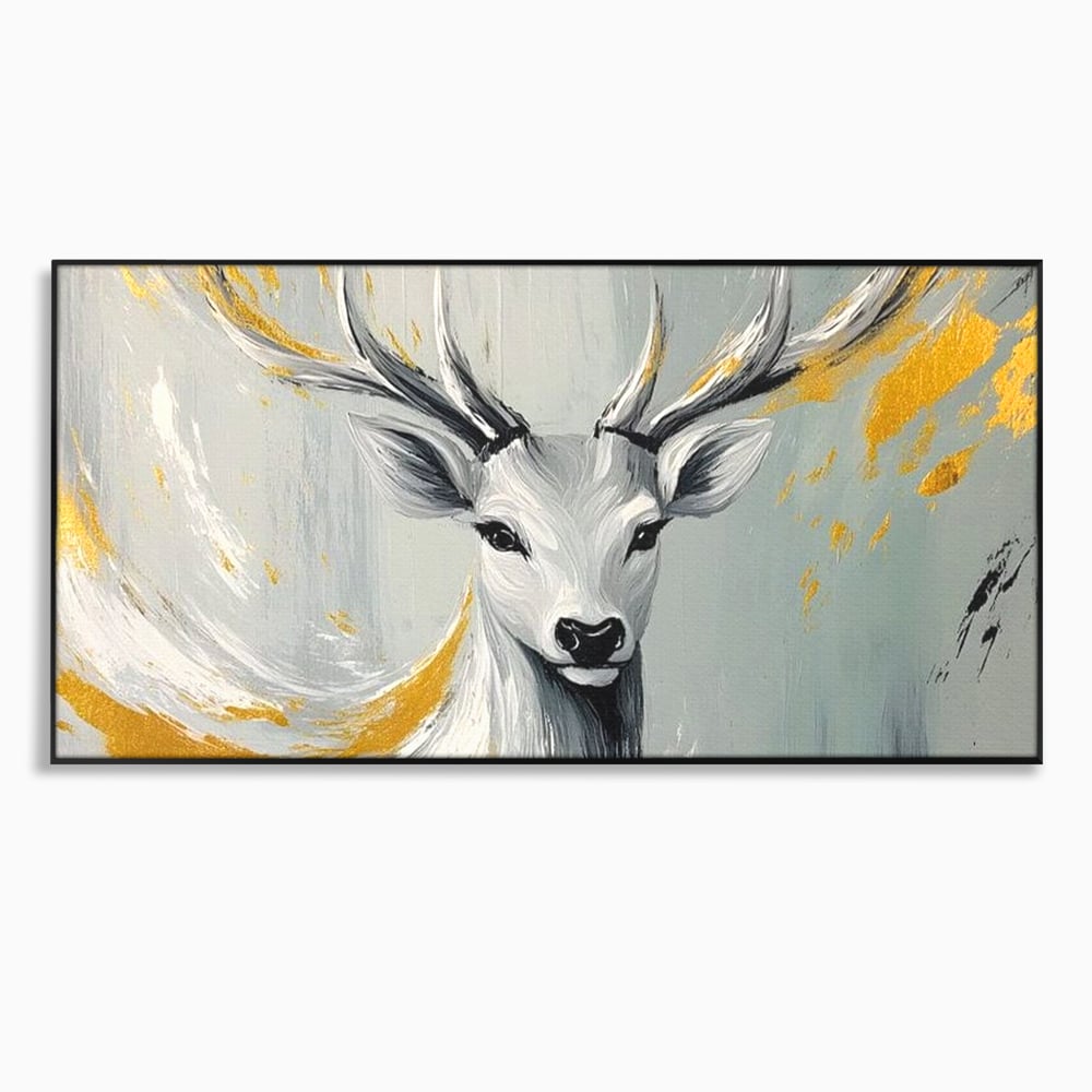Tablou canvas cu pictura cu portret de cerb si detalii aurii, in rama de aluminiu negru