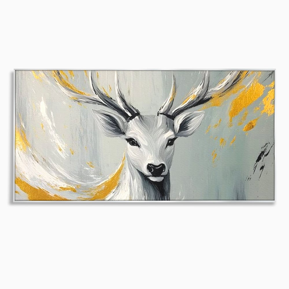 Tablou canvas cu pictura cu portret de cerb si detalii aurii, in rama de aluminiu argintiu