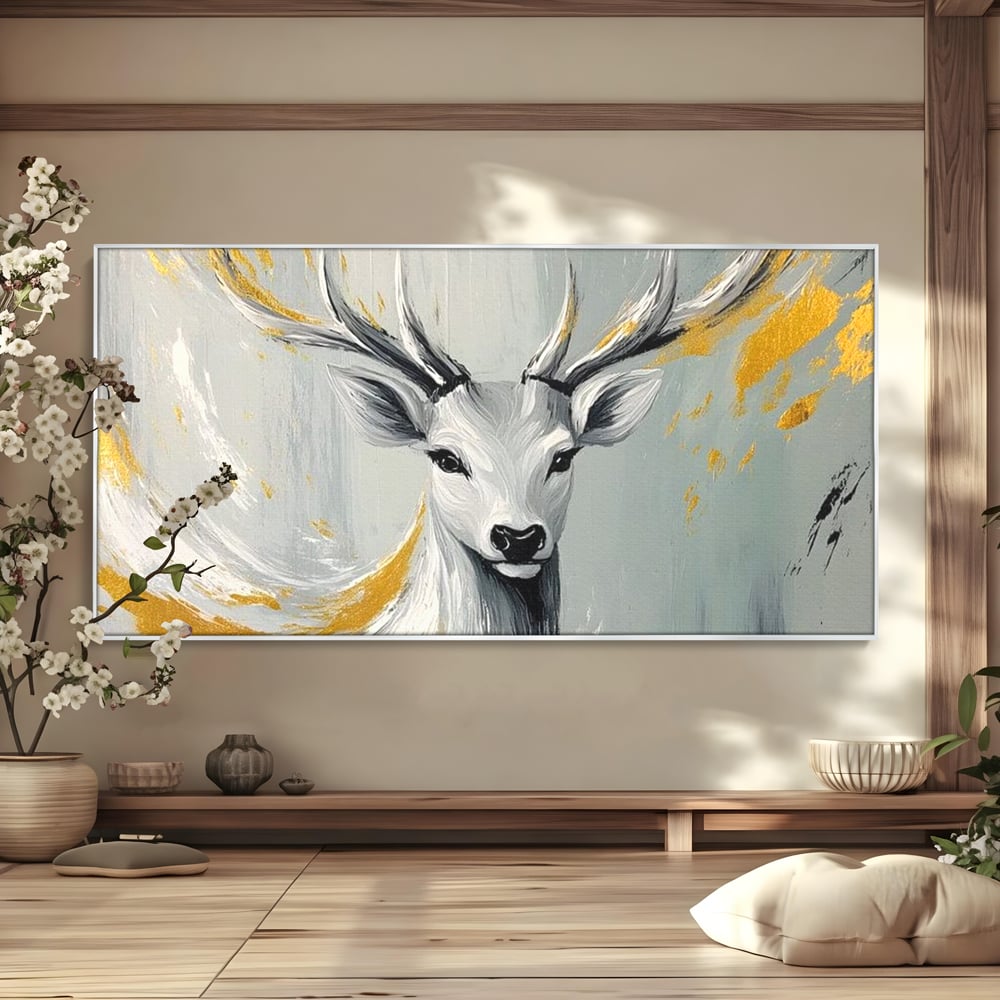 Tablou canvas cu pictura cu portret de cerb si detalii aurii, in rama de aluminiu argintiu