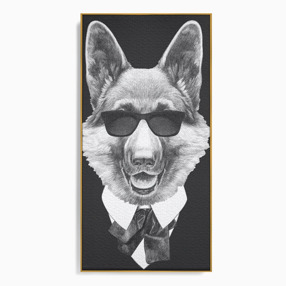 Tablou canvas cu portret ilustrativ caine gentleman, in rama de aluminiu auriu