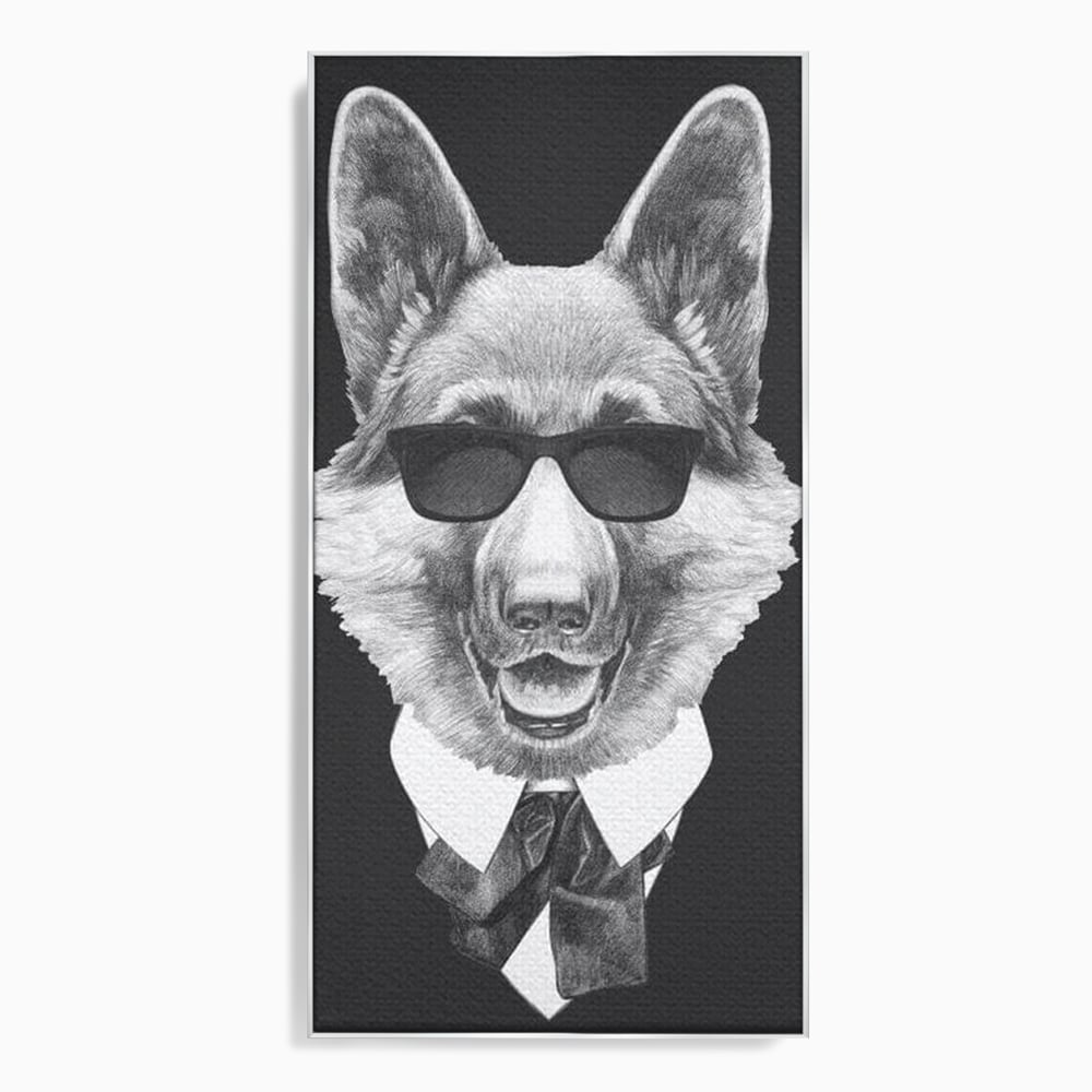 Tablou canvas cu portret ilustrativ caine gentleman, in rama de aluminiu argintiu