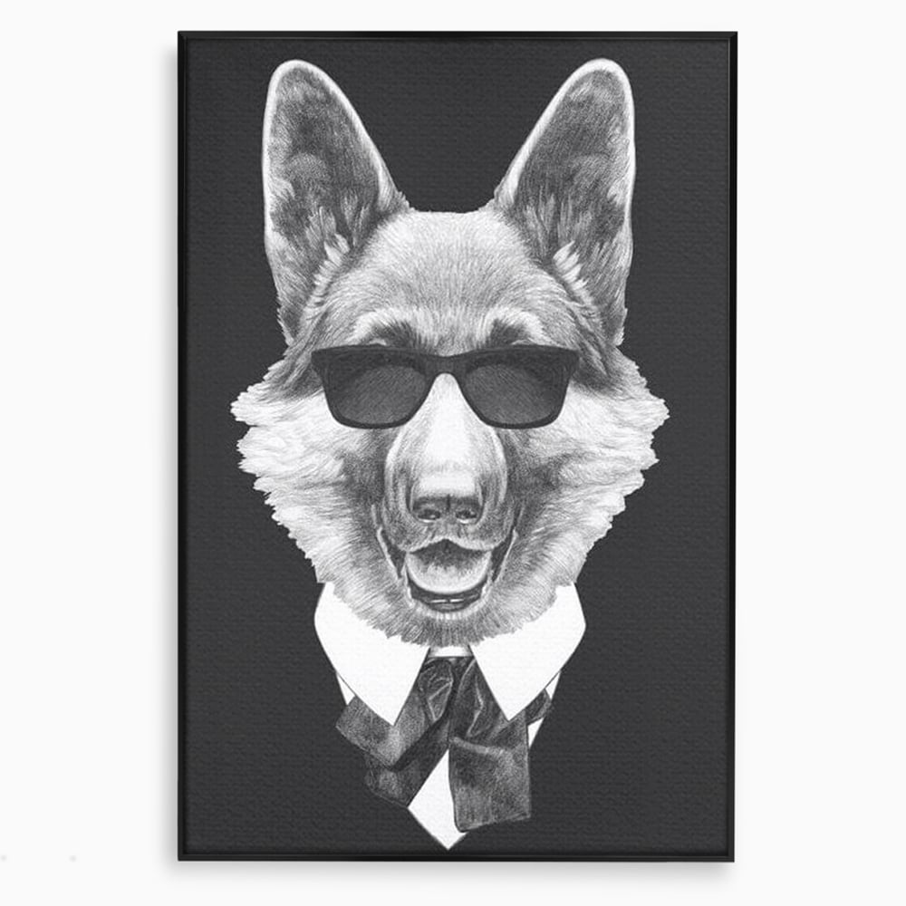 Tablou canvas cu portret ilustrativ caine gentleman, in rama de aluminiu negru