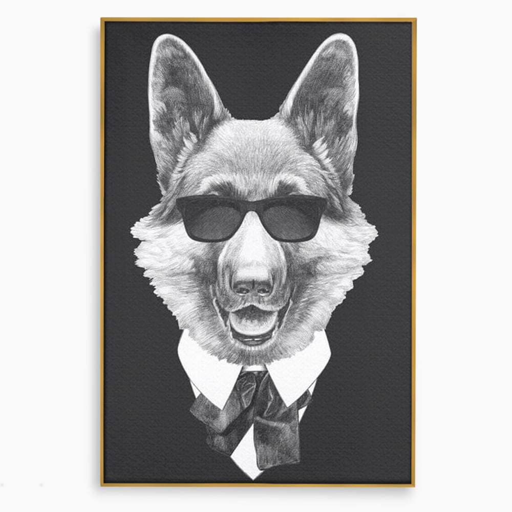 Tablou canvas cu portret ilustrativ caine gentleman, in rama de aluminiu auriu