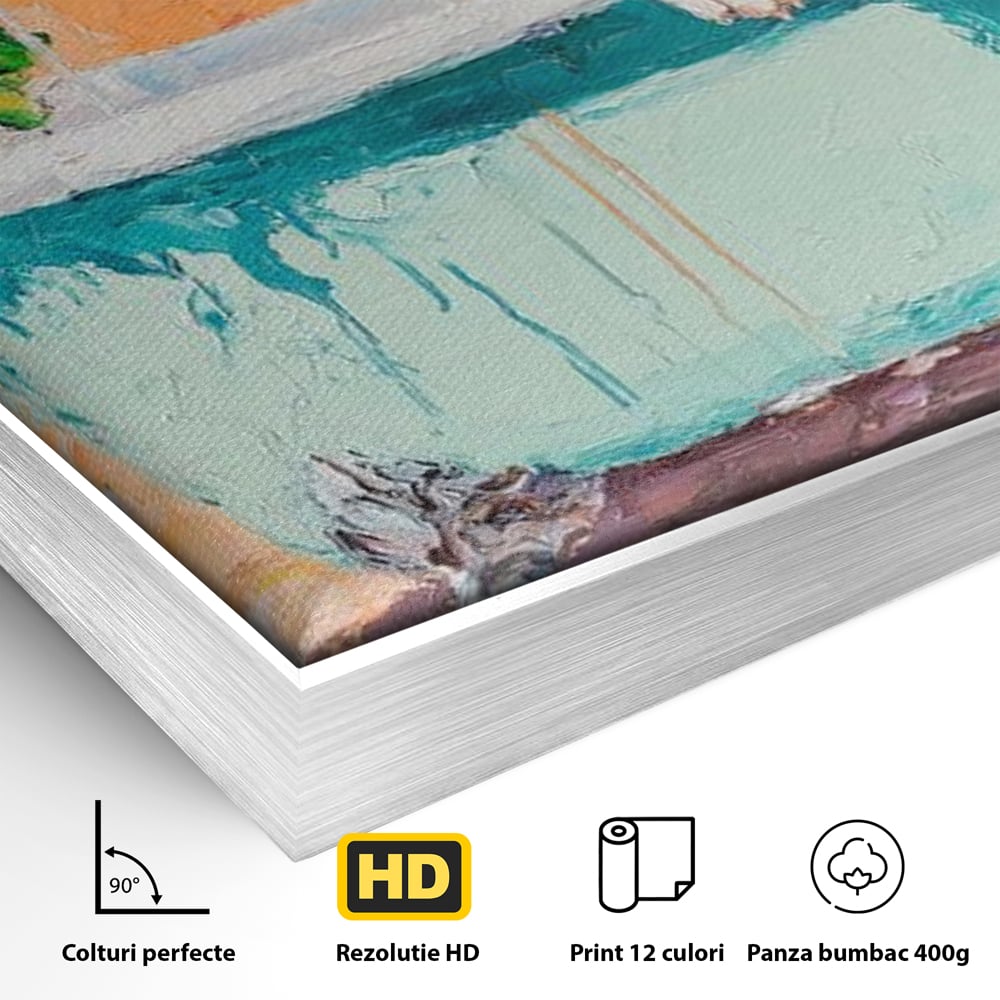 Detaliu al suprafetei: tablou canvas cu bulldog in cada, in rama de aluminiu argintiu