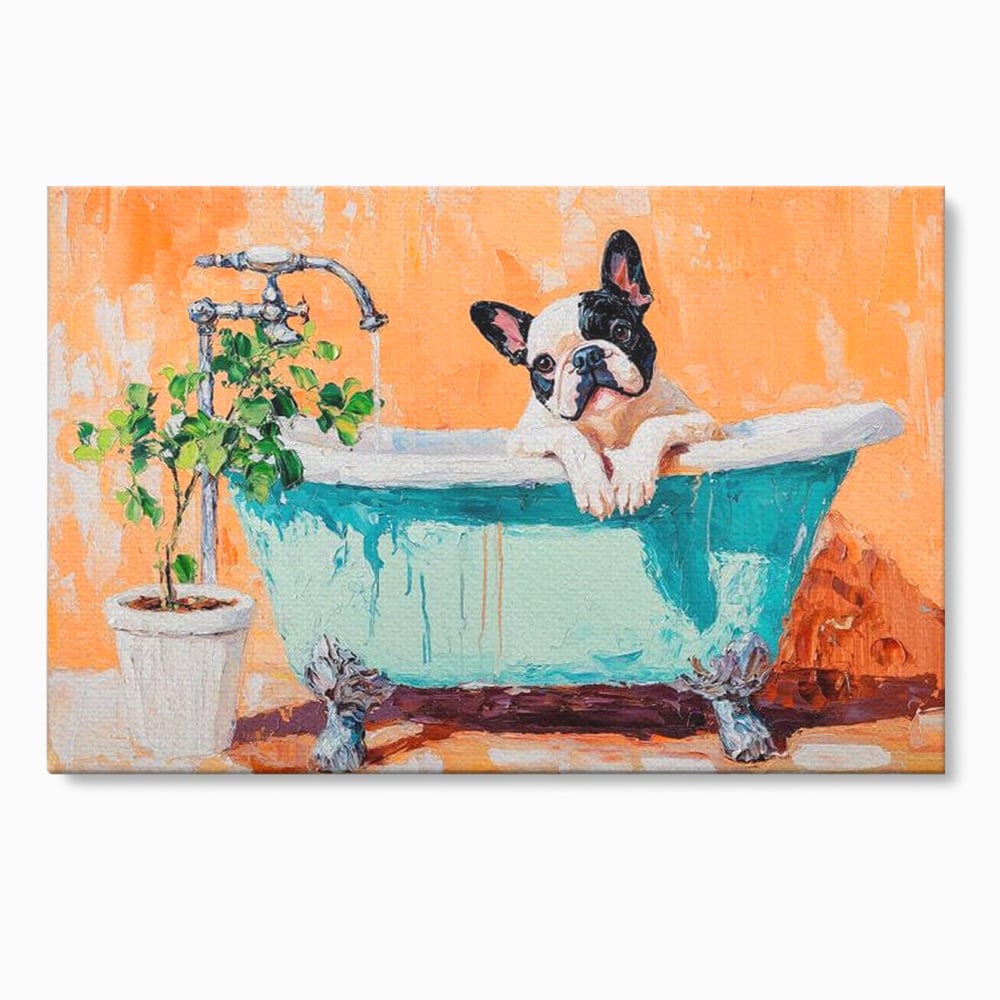 Tablou canvas cu tablou canvas cu bulldog in cada, fara rama, pe sasiu de lemn