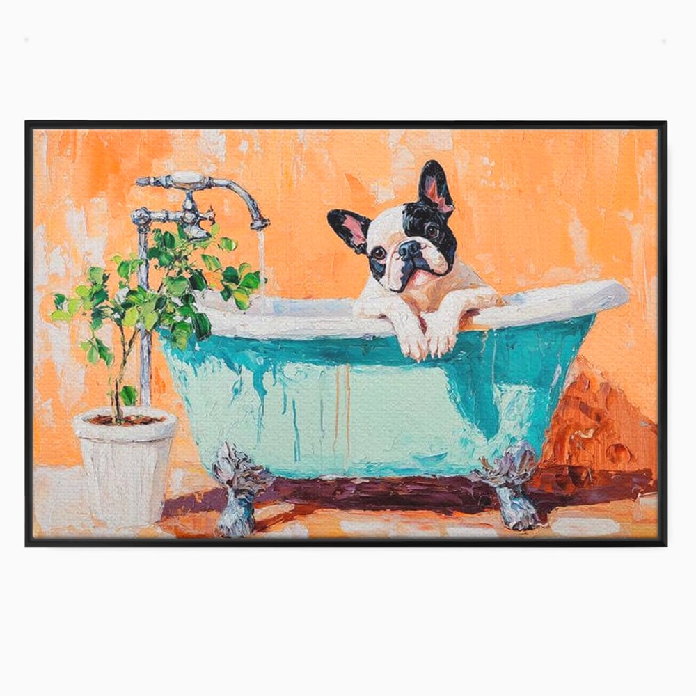 Tablou canvas cu tablou canvas cu bulldog in cada, in rama de aluminiu negru