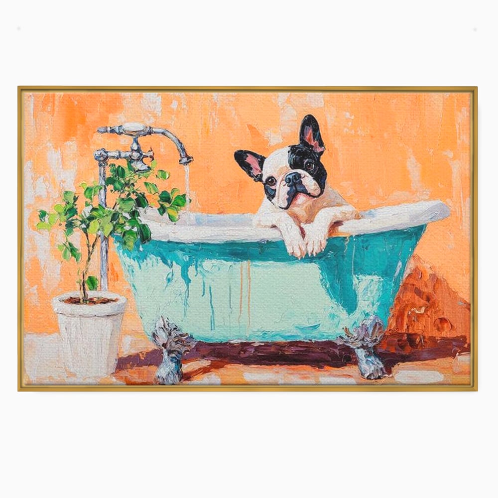 Tablou canvas cu tablou canvas cu bulldog in cada, in rama de aluminiu auriu