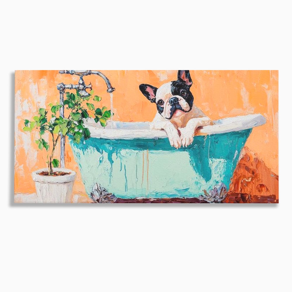 Tablou canvas cu tablou canvas cu bulldog in cada, fara rama, pe sasiu de lemn