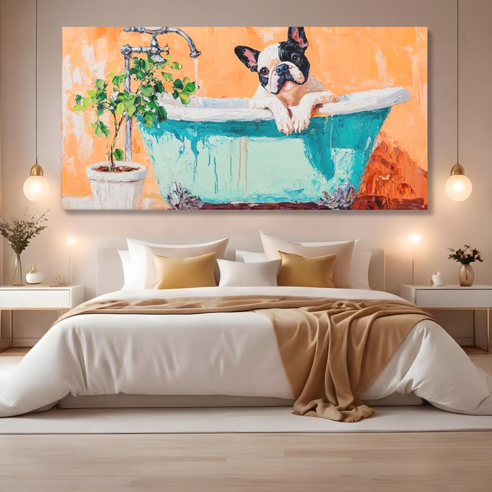 Tablou canvas cu tablou canvas cu bulldog in cada, fara rama, pe sasiu de lemn, pe perete intr-un dormitor