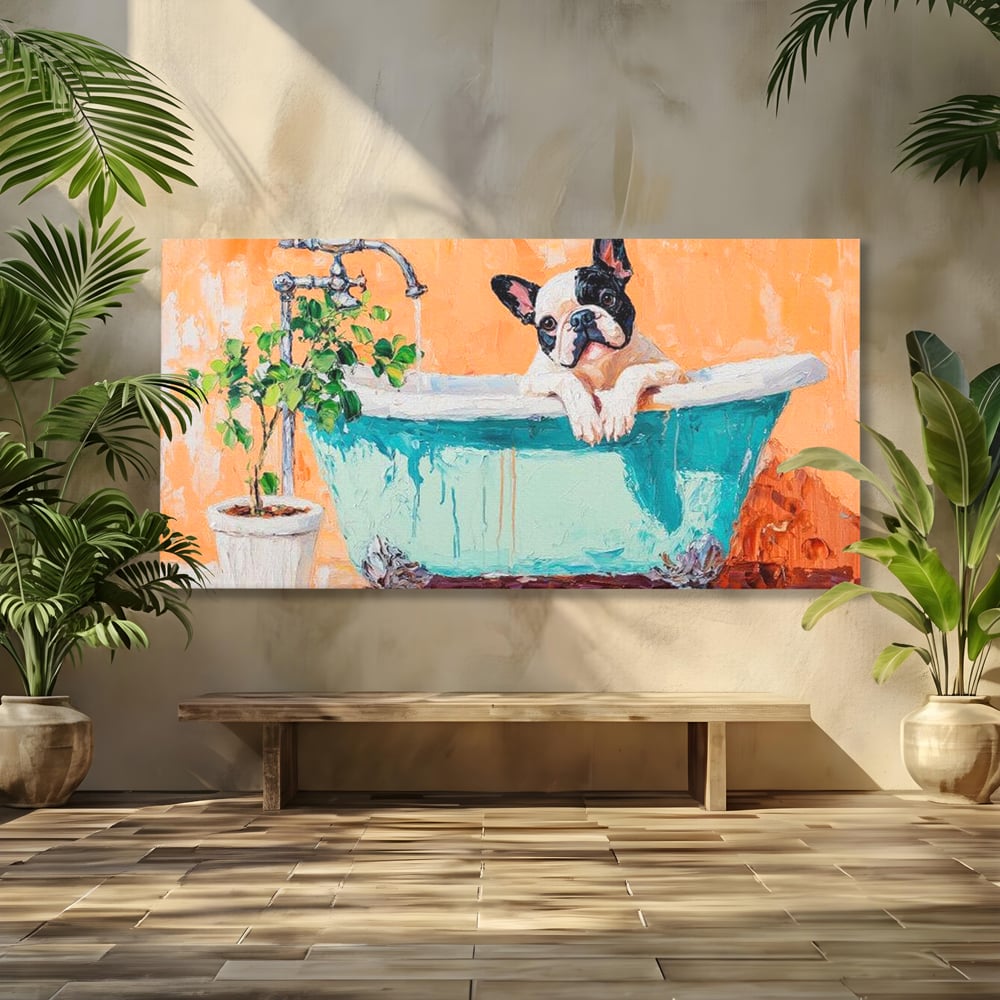 Tablou canvas cu tablou canvas cu bulldog in cada, fara rama, pe sasiu de lemn