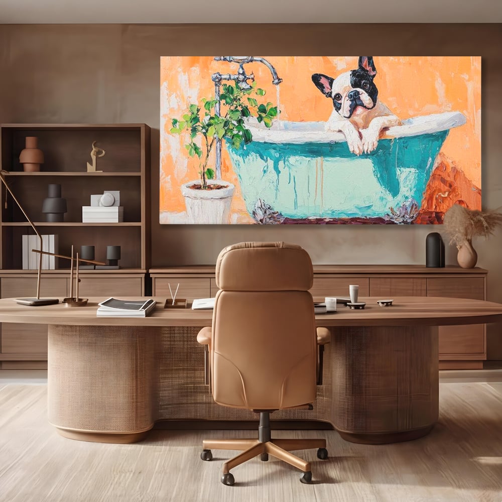 Tablou canvas cu tablou canvas cu bulldog in cada, fara rama, pe sasiu de lemn, pe perete intr-un birou