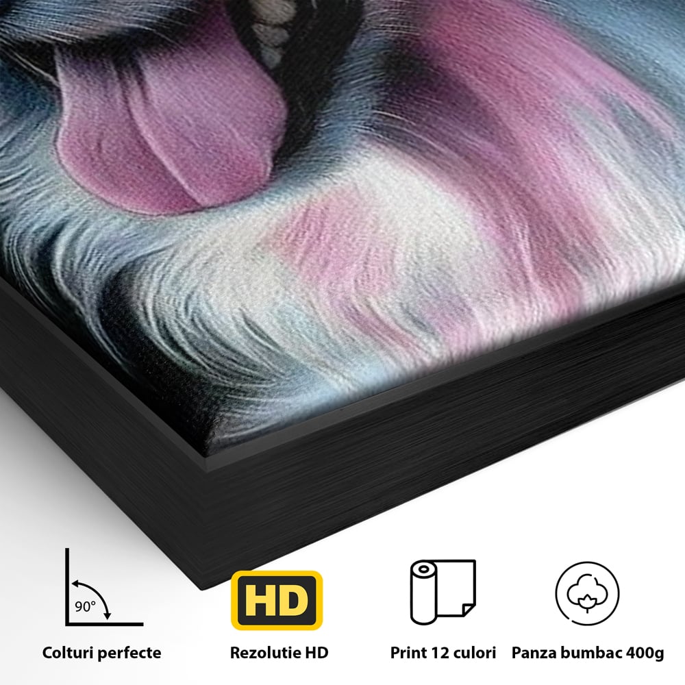 Detaliu al suprafetei: tablou canvas cu caine pastelat, in rama de aluminiu negru