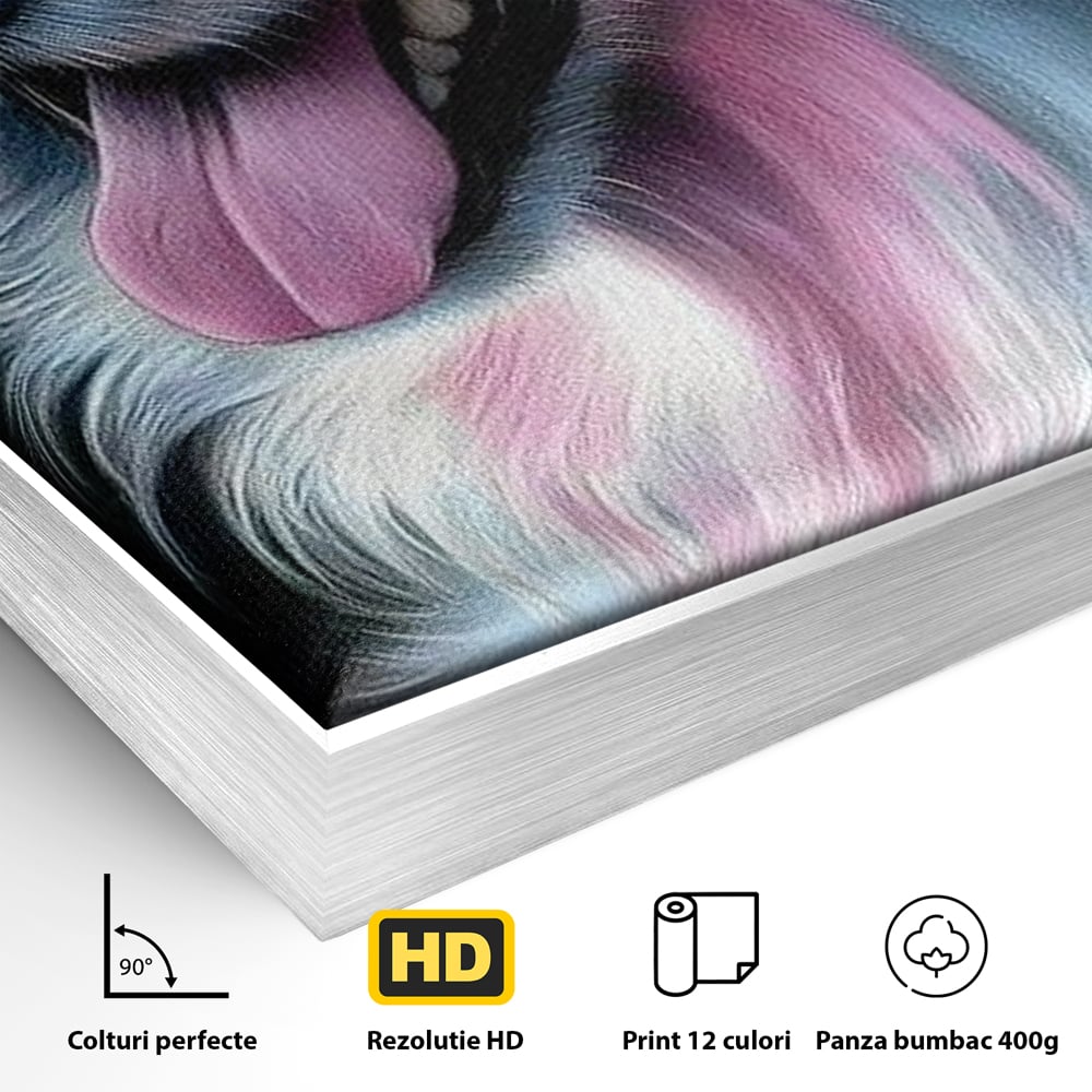 Detaliu al suprafetei: tablou canvas cu caine pastelat, in rama de aluminiu argintiu