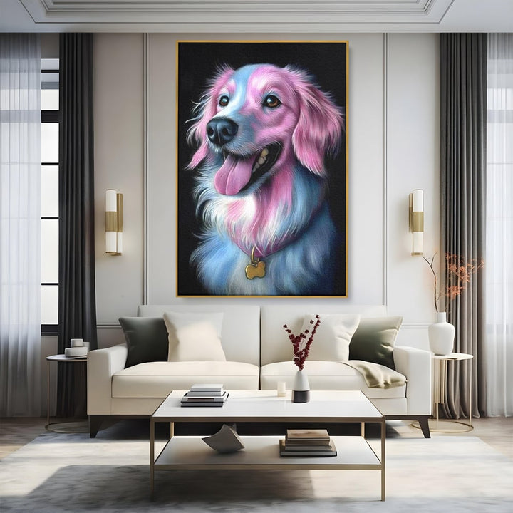 Tablou canvas cu tablou canvas cu caine pastelat, in rama de aluminiu auriu, pe perete intr-un living