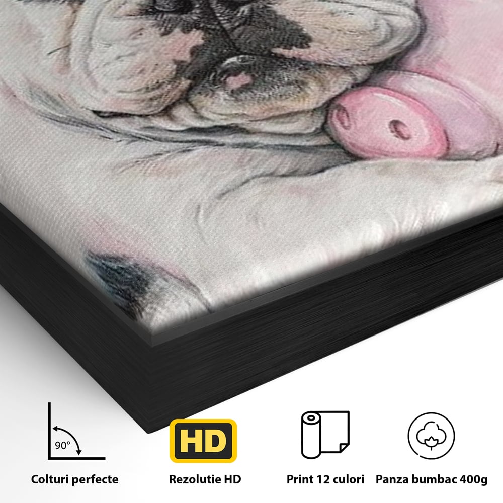 Detaliu al suprafetei: pictura cu bulldog si porcusor, in rama de aluminiu negru