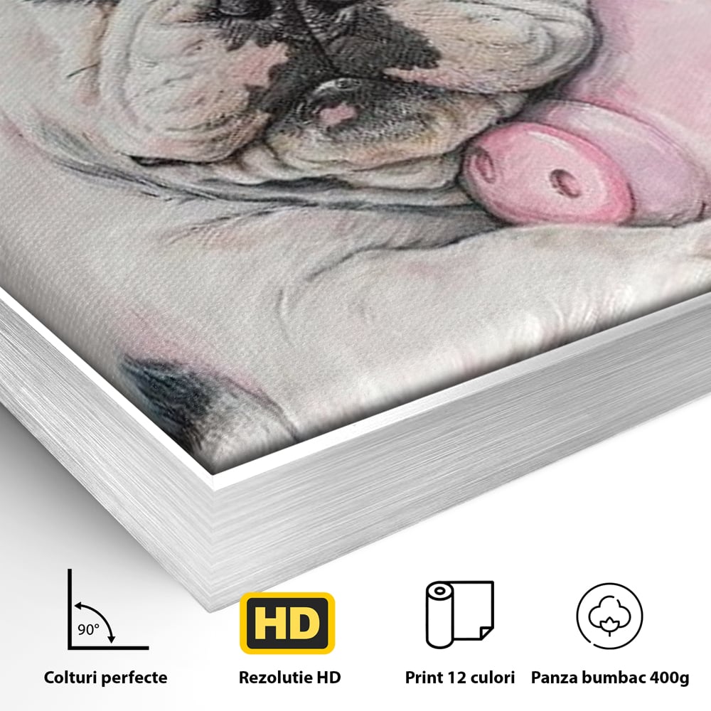 Detaliu al suprafetei: pictura cu bulldog si porcusor, in rama de aluminiu argintiu