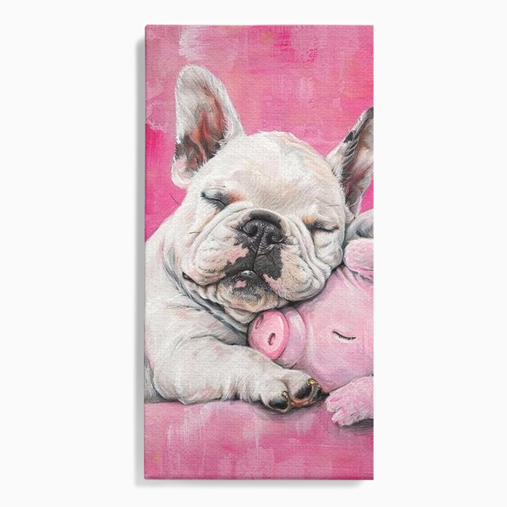 Tablou canvas cu pictura cu bulldog si porcusor, fara rama, pe sasiu de lemn