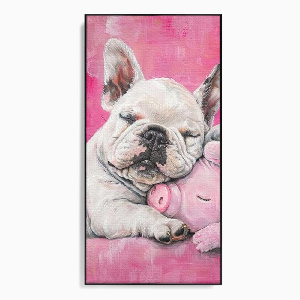 Tablou canvas cu pictura cu bulldog si porcusor, in rama de aluminiu negru