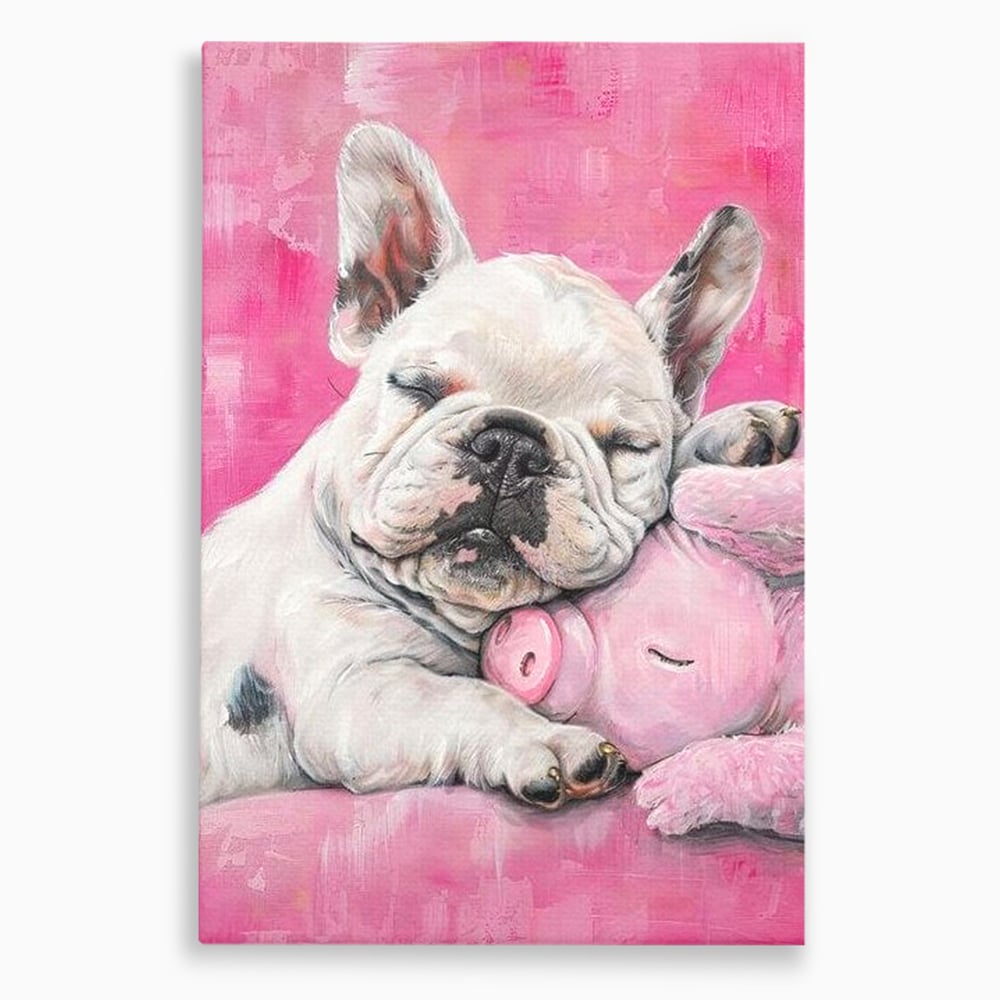 Tablou canvas cu pictura cu bulldog si porcusor, fara rama, pe sasiu de lemn