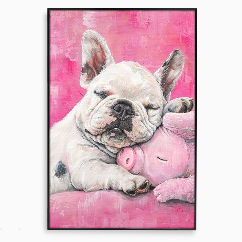 Tablou canvas cu pictura cu bulldog si porcusor, in rama de aluminiu negru