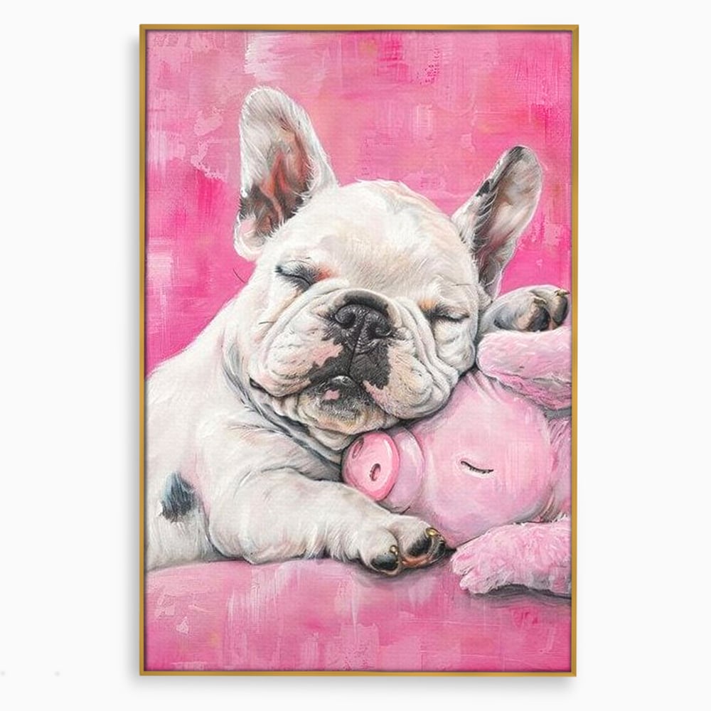 Tablou canvas cu pictura cu bulldog si porcusor, in rama de aluminiu auriu