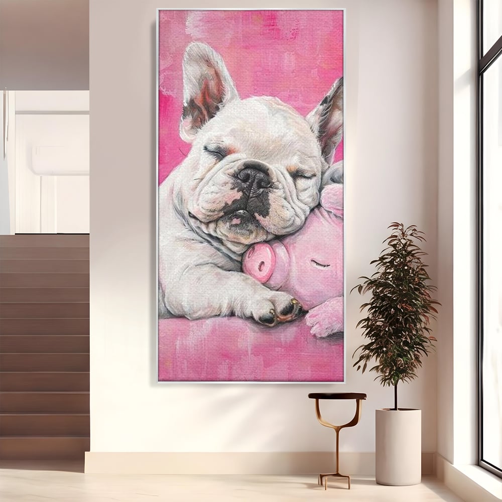 Tablou canvas cu pictura cu bulldog si porcusor, in rama de aluminiu argintiu