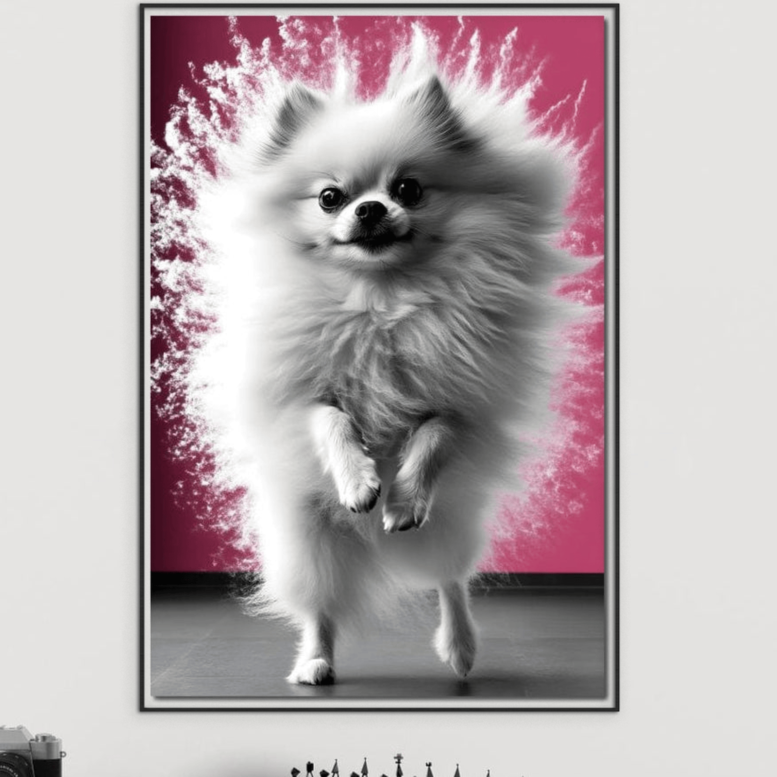 Tablou Canvas Premium, LuxCanva® M1254, Explozie de Puf, Caine, Pomeranian, Pufosenie, Alb, Roz, Explozie, Adorabil, Blanita, Dinamic, Jucaus, Birou, Living, Camera Copil