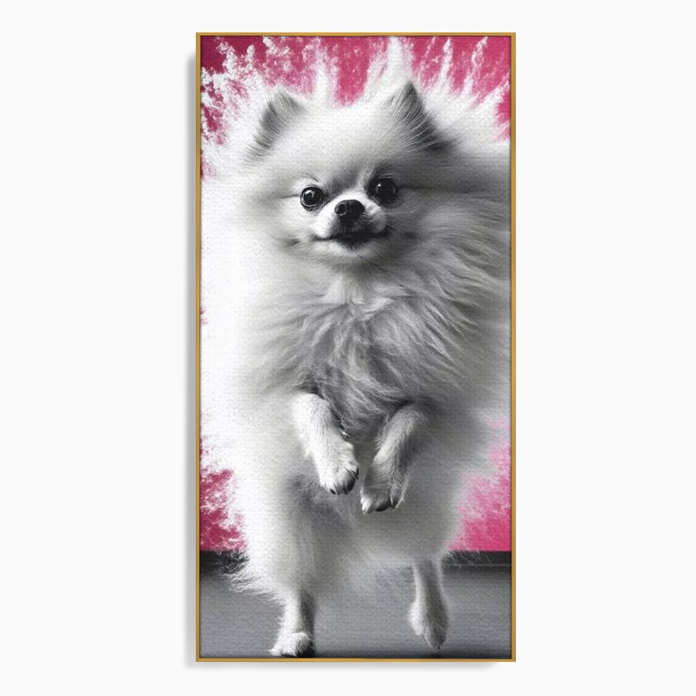 Tablou canvas cu tablou canvas cu caine pomeranian alb, in rama de aluminiu auriu