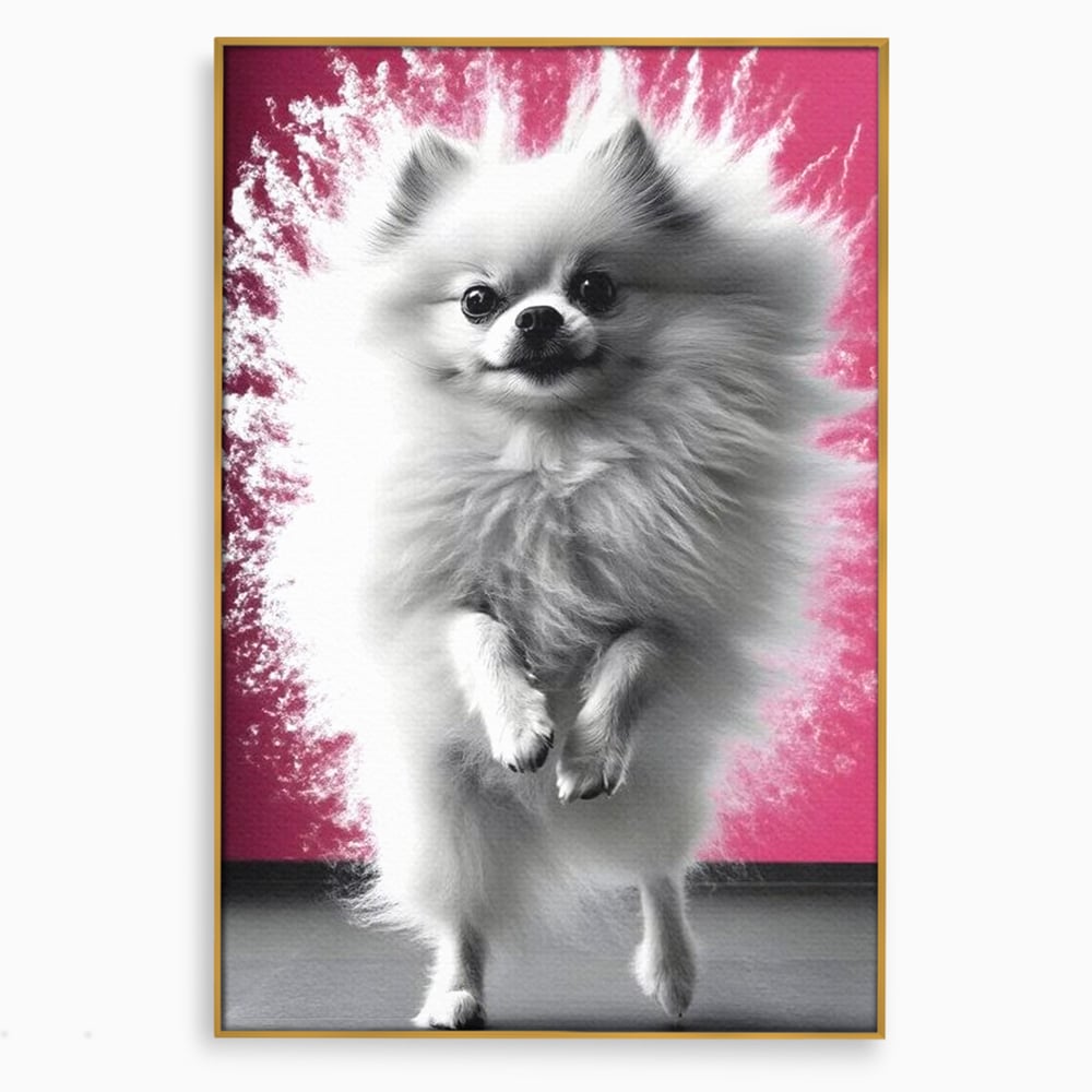 Tablou canvas cu tablou canvas cu caine pomeranian alb, in rama de aluminiu auriu