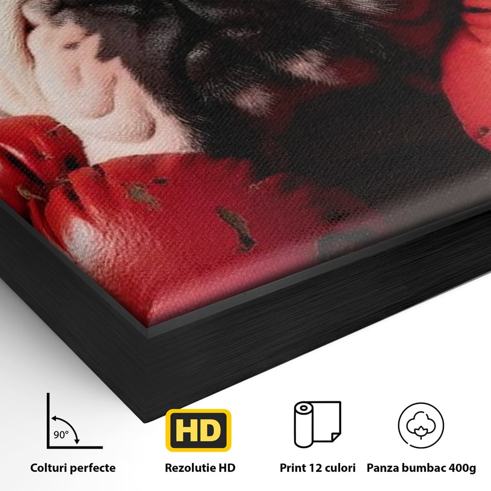 Detaliu al suprafetei: tablou canvas cu bulldog in manusi de box, in rama de aluminiu negru