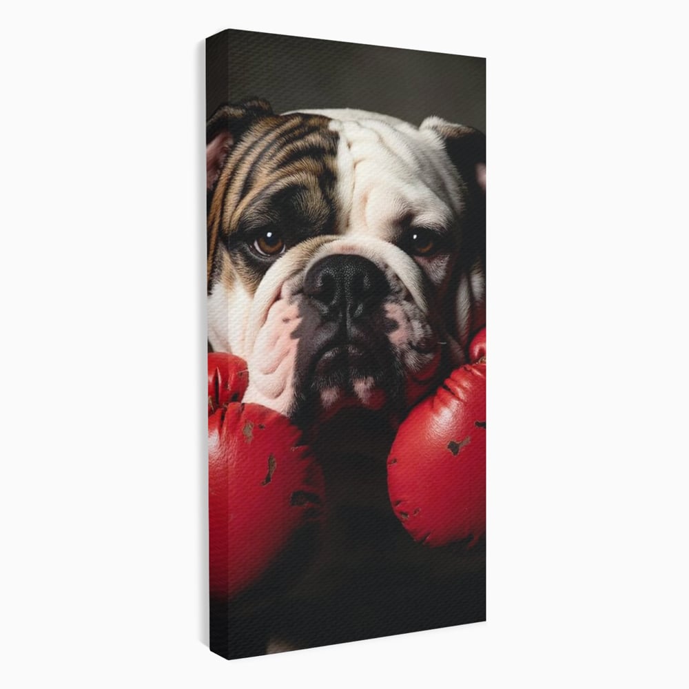 Tablou canvas cu tablou canvas cu bulldog in manusi de box, fara rama, pe sasiu de lemn