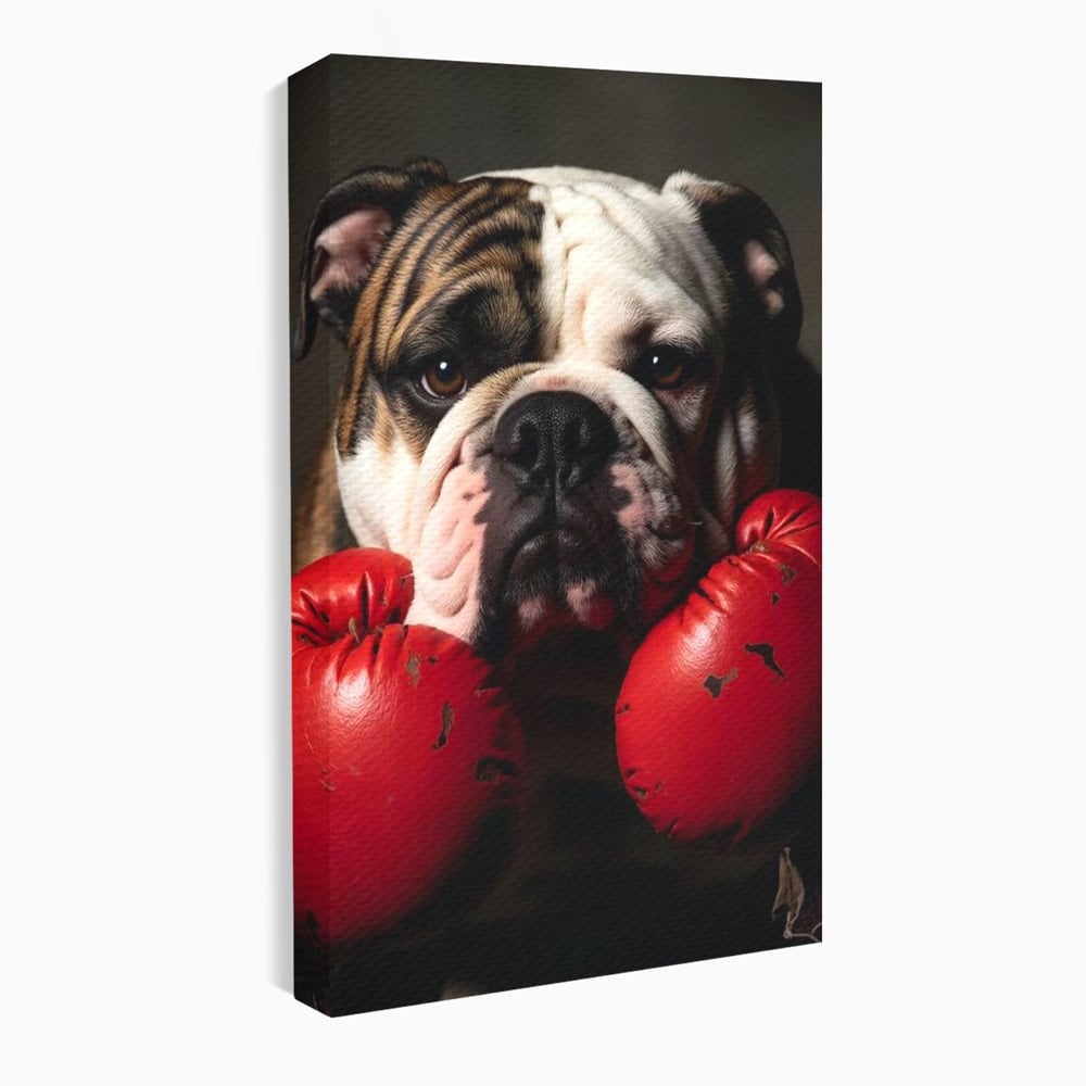 Tablou canvas cu tablou canvas cu bulldog in manusi de box, fara rama, pe sasiu de lemn