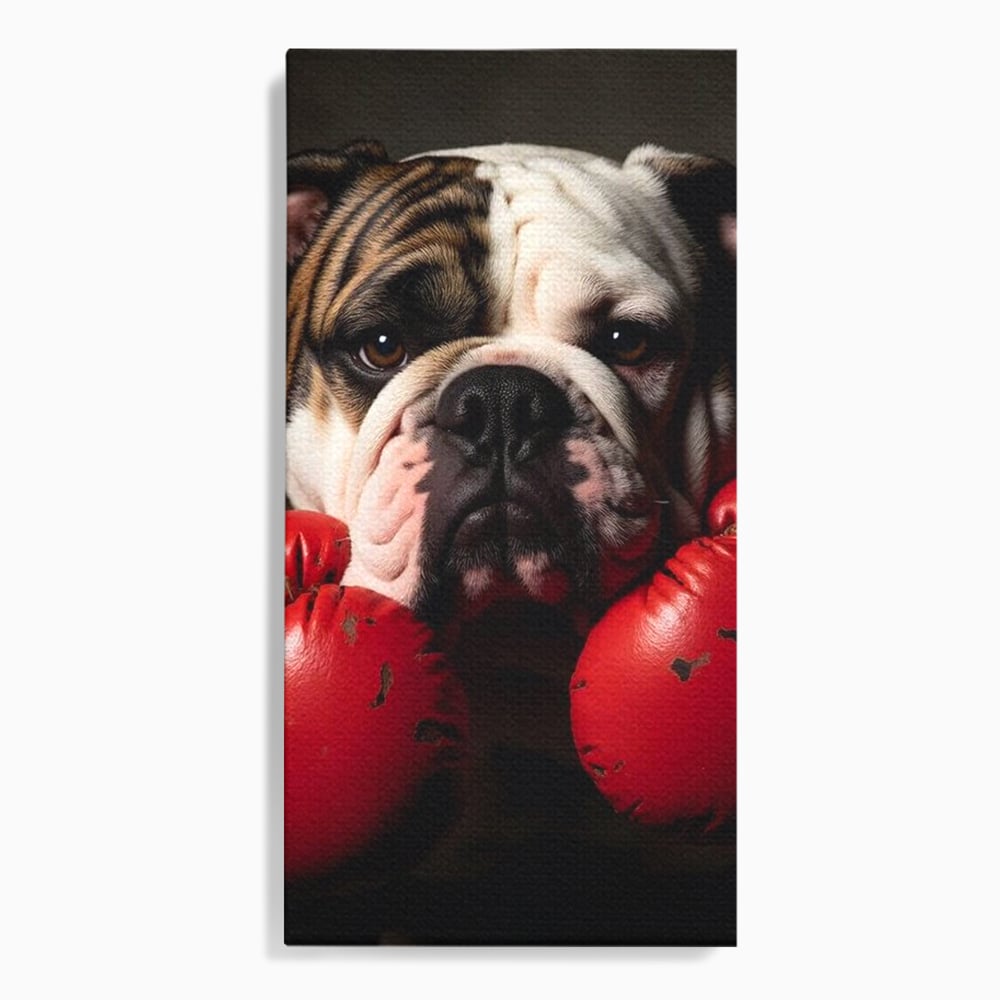 Tablou canvas cu tablou canvas cu bulldog in manusi de box, fara rama, pe sasiu de lemn
