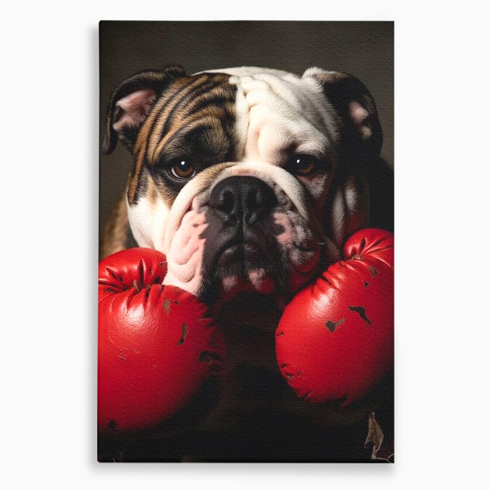 Tablou canvas cu tablou canvas cu bulldog in manusi de box, fara rama, pe sasiu de lemn